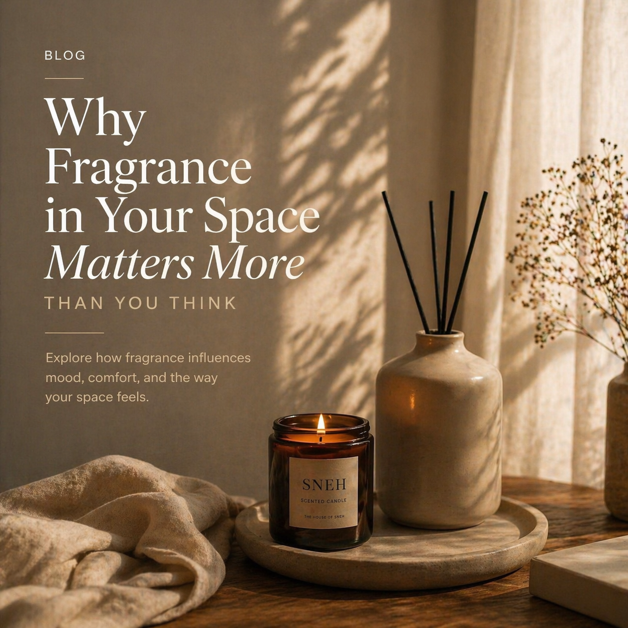 Warm, softly lit interior with a scented candle and diffuser creating a calm, inviting atmosphere.