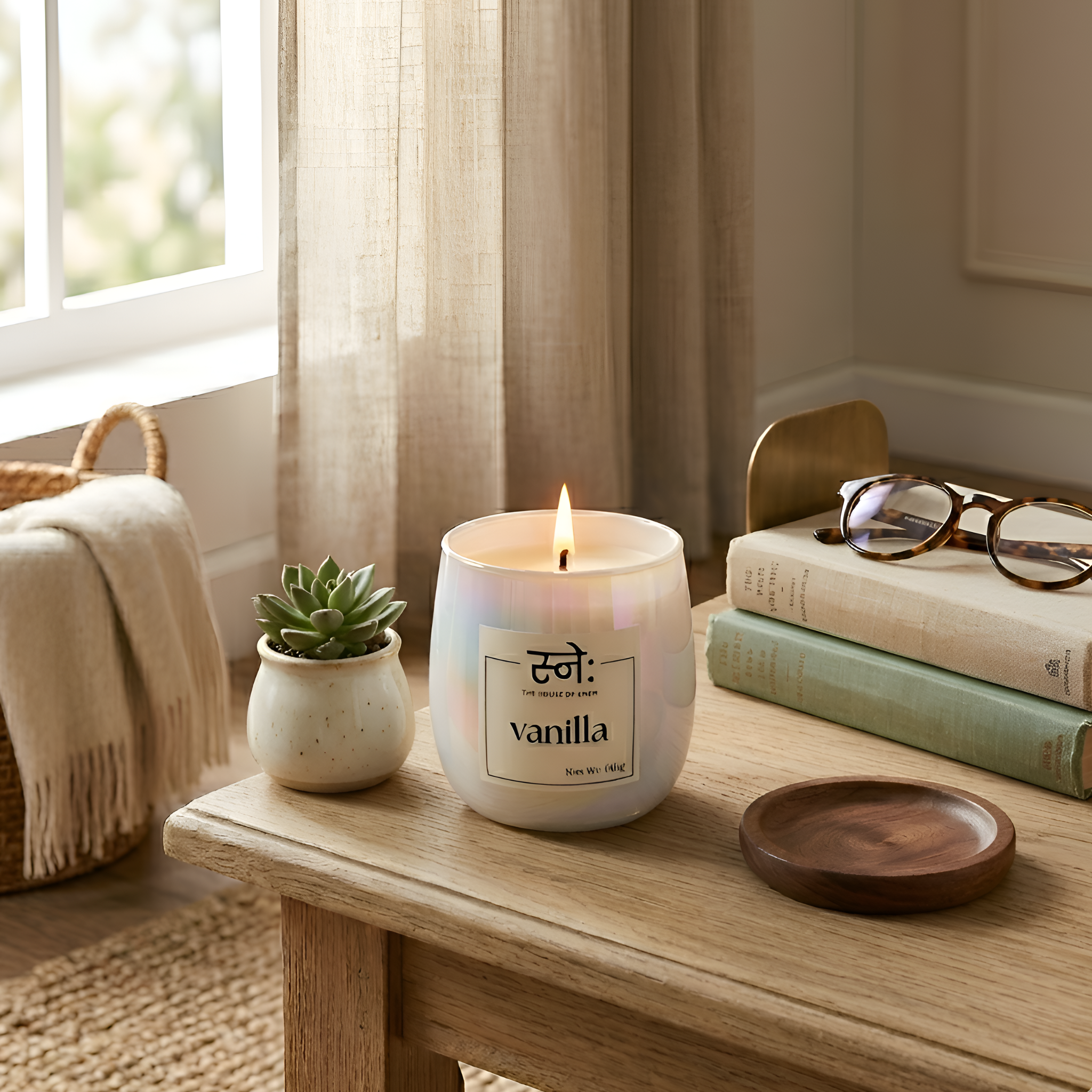 Vanilla candle on a wooden table with books and a plant in the background