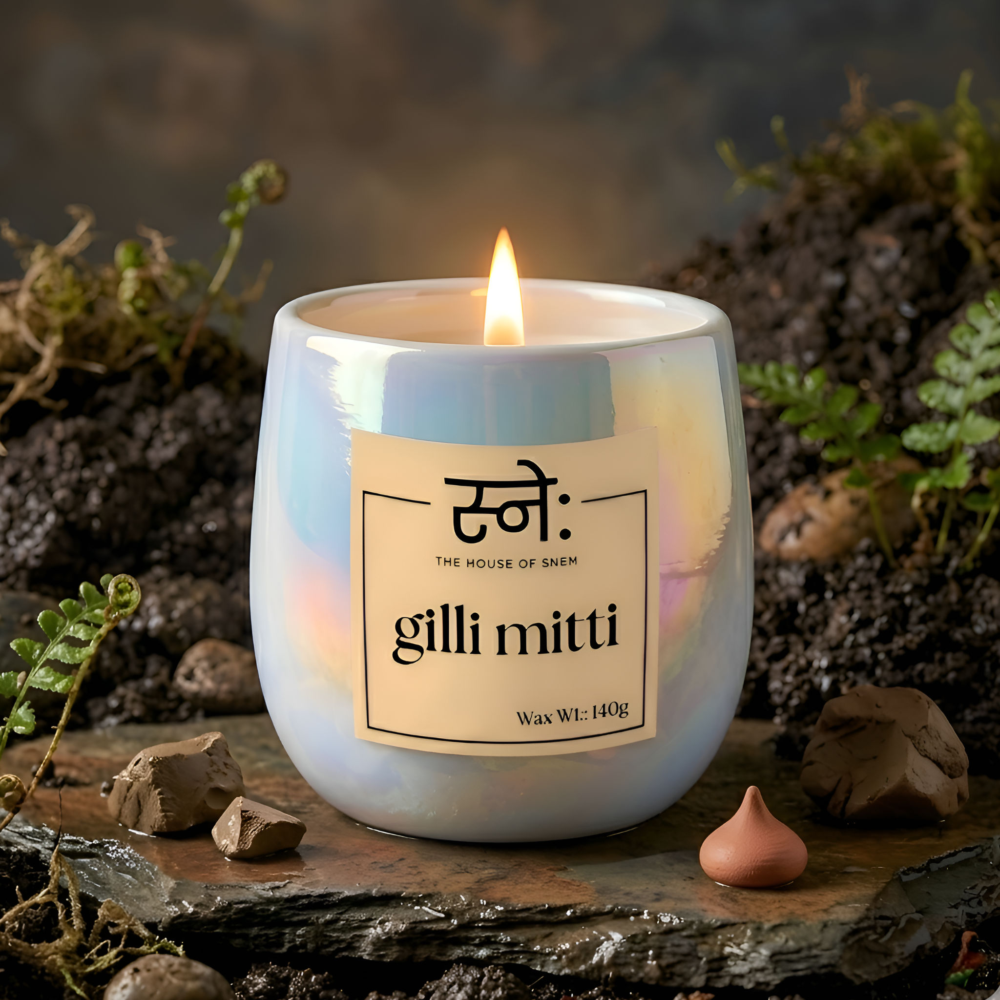 Gilli Mitti candle on stone surface with dry earth and green leaves, monsoon setting