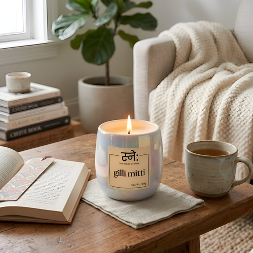 Gilli Mitti Candle with a label on a wooden table next to a book and cup, with a cozy living room background.