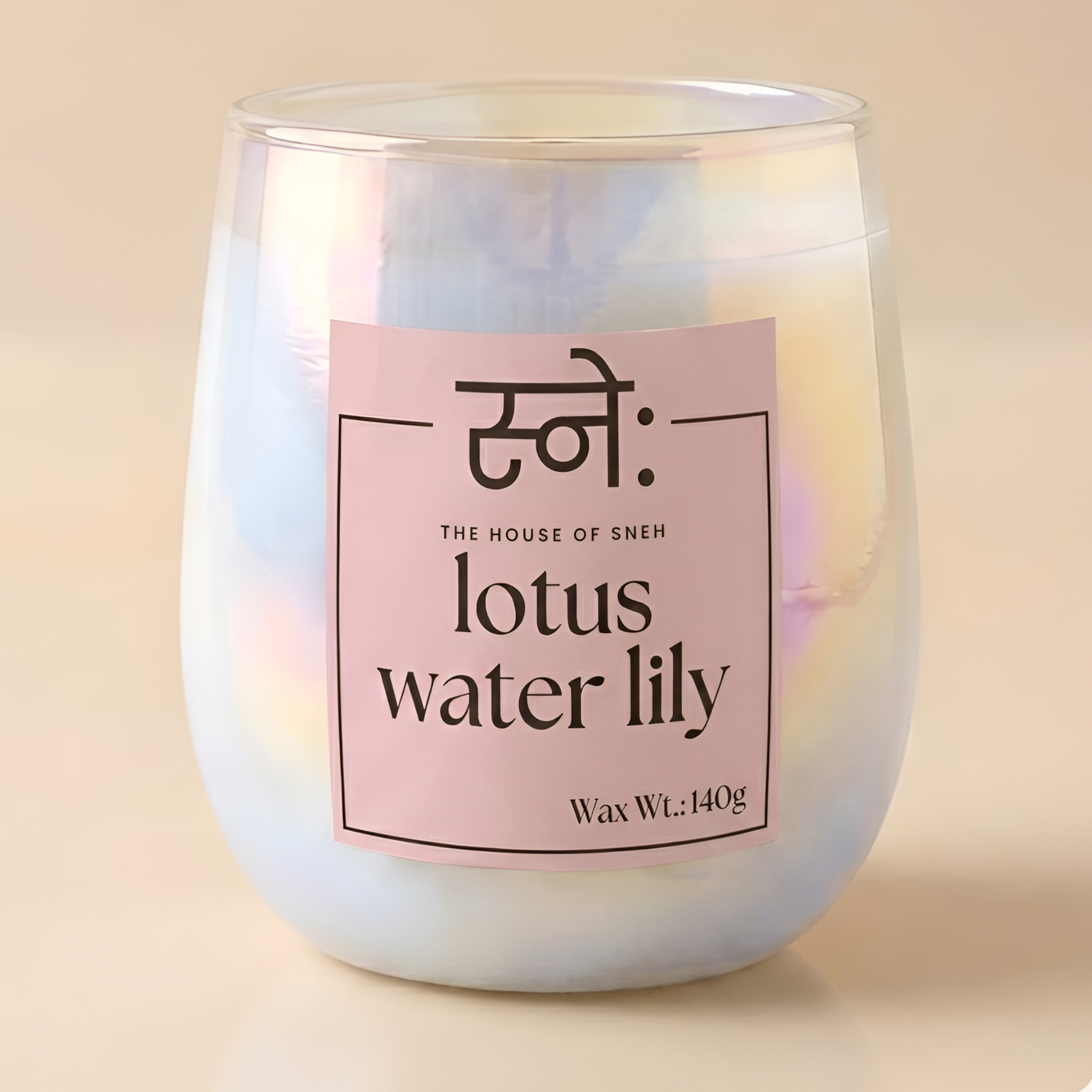 Scented Candle with a 'lotus water lily' label on a beige background