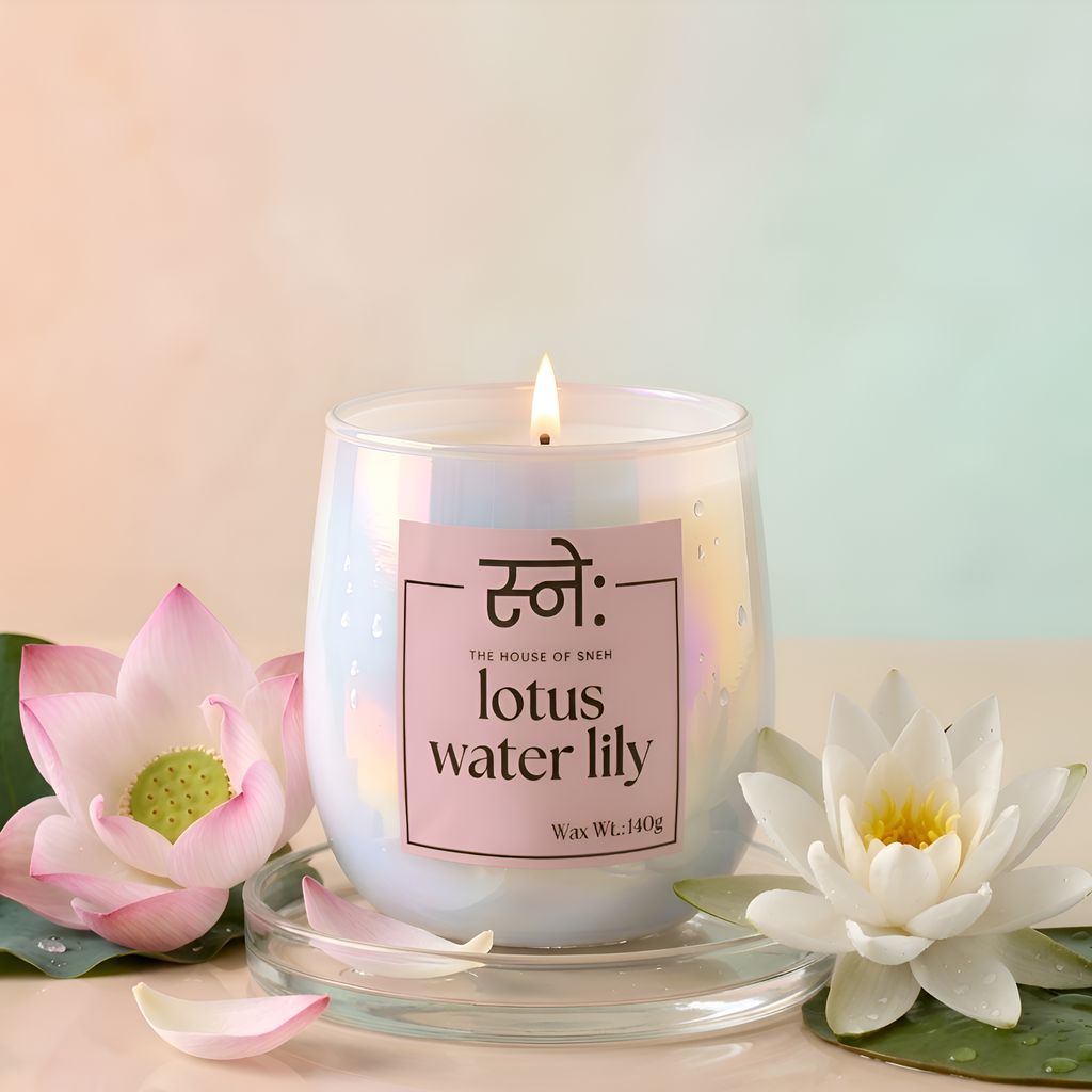 Lotus water lily scented candle styled in serene studio setting with floral props, The House of Sneh