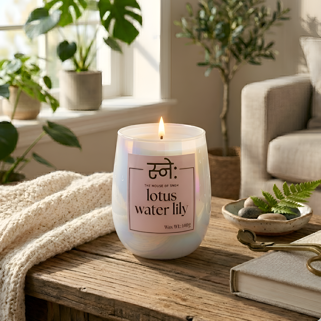 Candle labeled 'lotus water lily' on a wooden surface with plants and a couch in the background