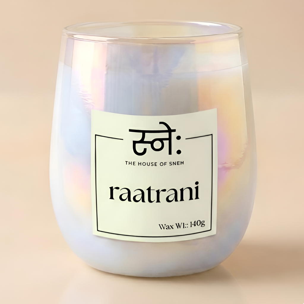 Raatrani Candle with a label on a beige background