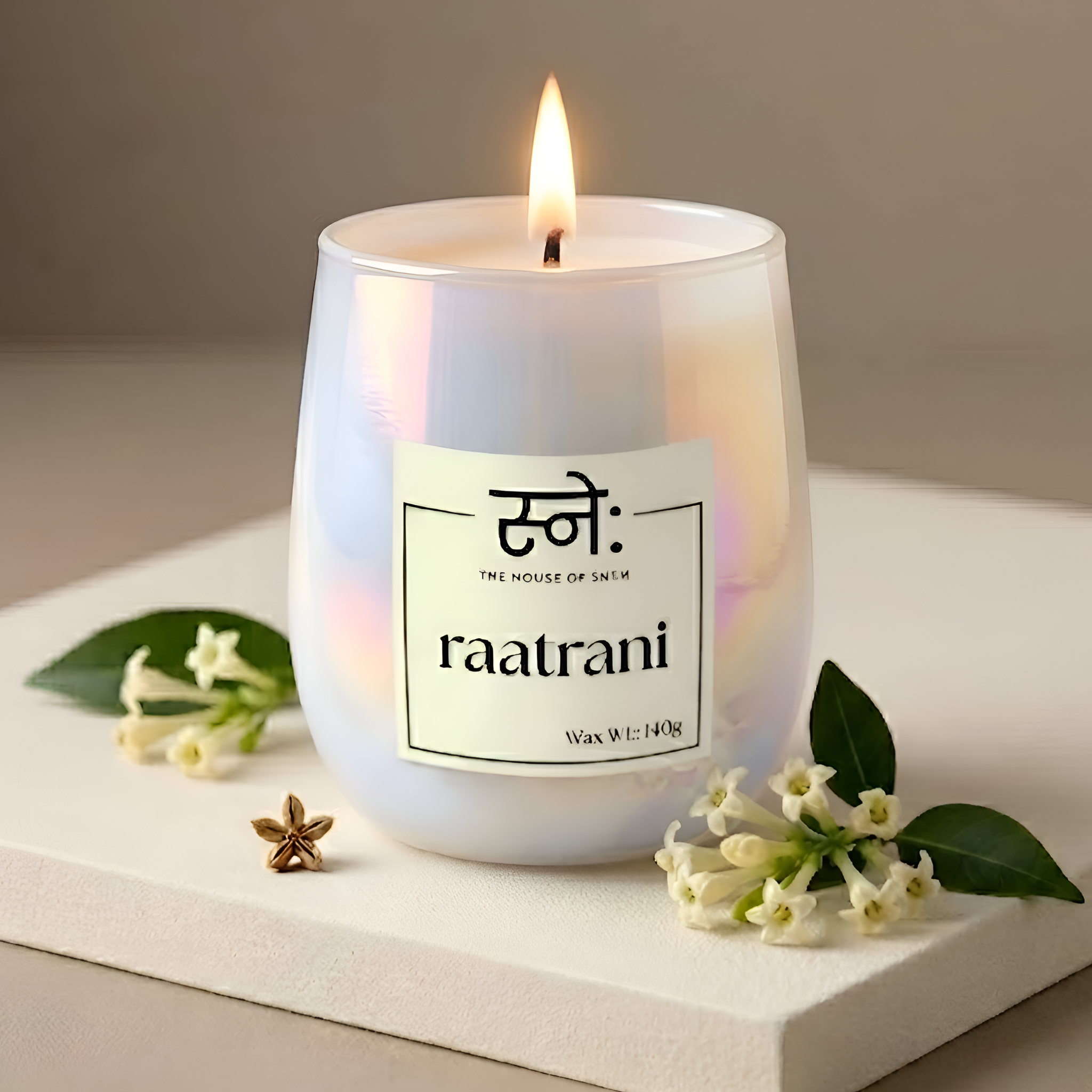 Raatrani scented candle styled in dramatic studio light with floral props, The House of Sneh
