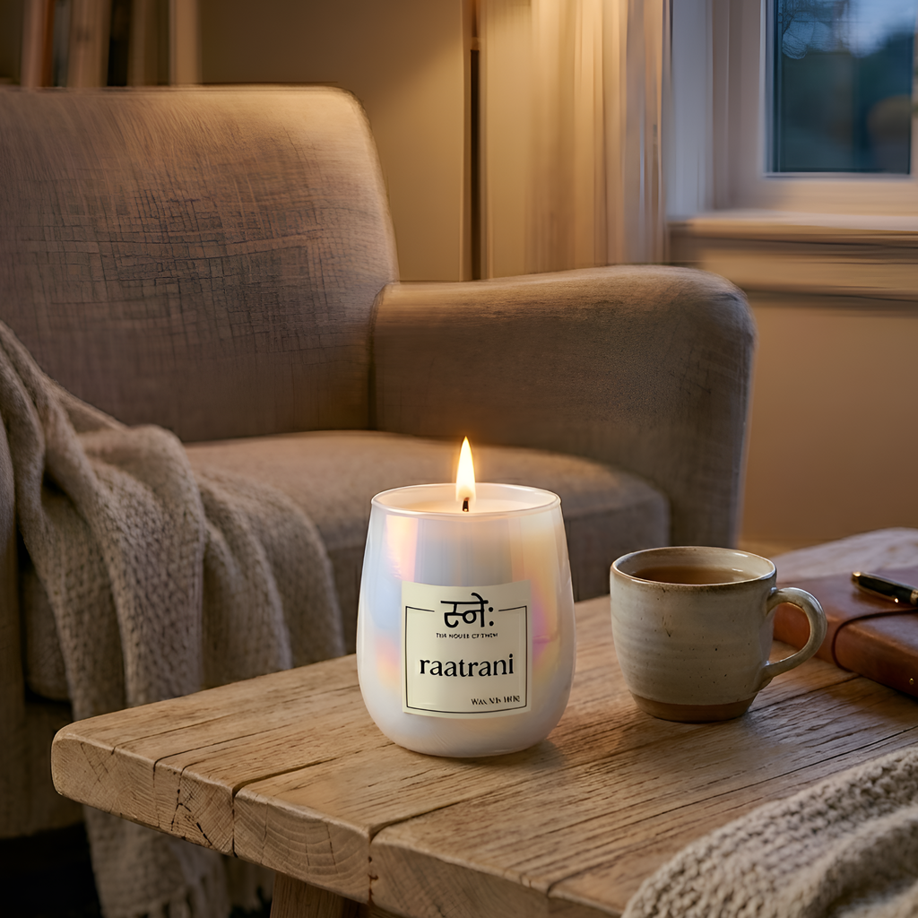 Raatrani candle in moody evening setting with night blooming flowers and warm candlelight
