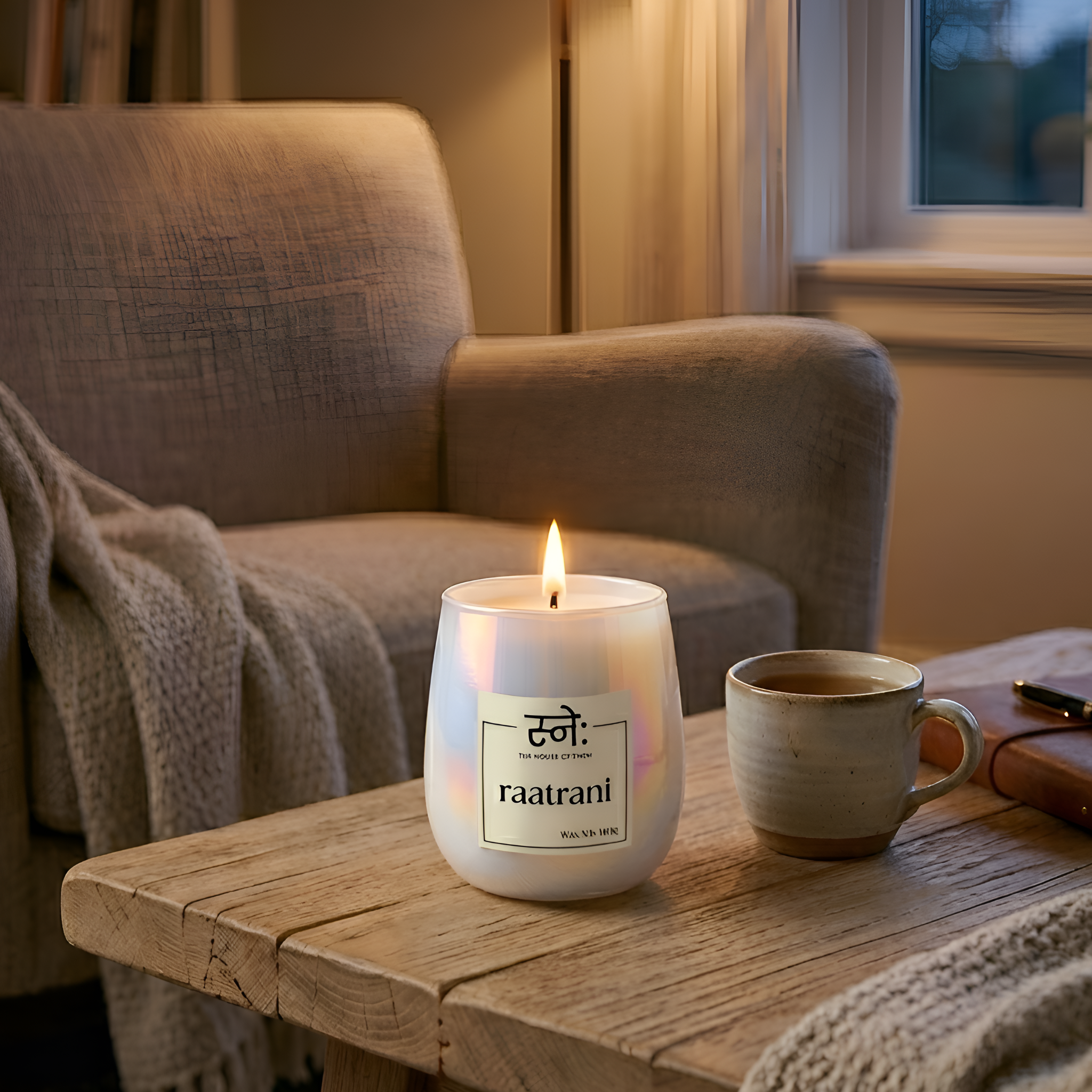 Raatrani candle in moody evening setting with night blooming flowers and warm candlelight