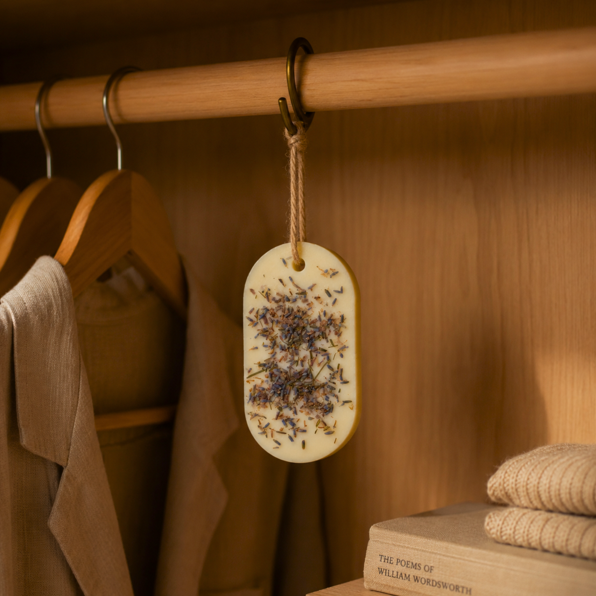 Scented wax tablet with dried flowers hanging on a wooden rack with clothes  in the background.