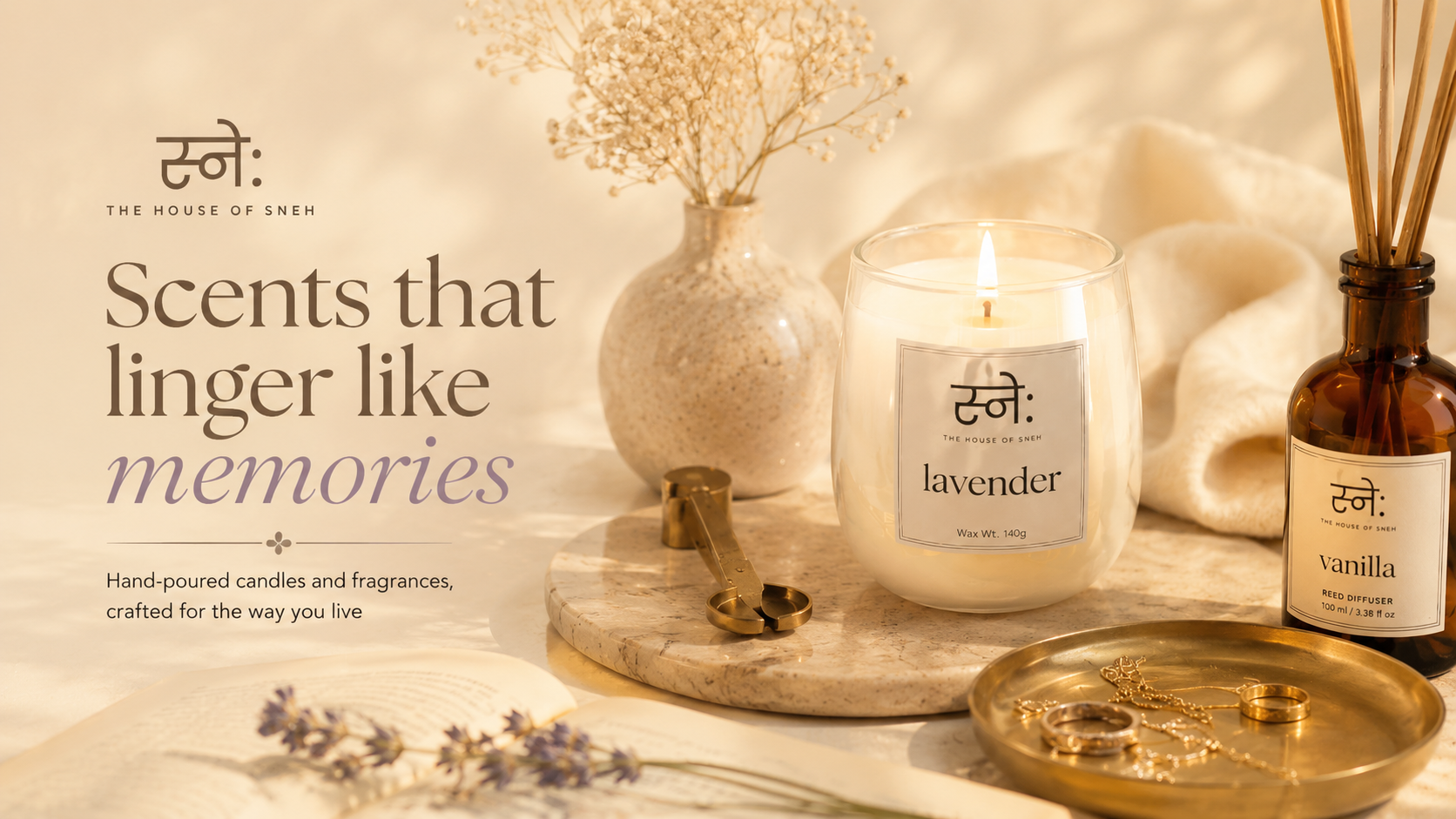Lit lavender scented candle with warm golden flame, The House of Sneh home fragrance brand India
