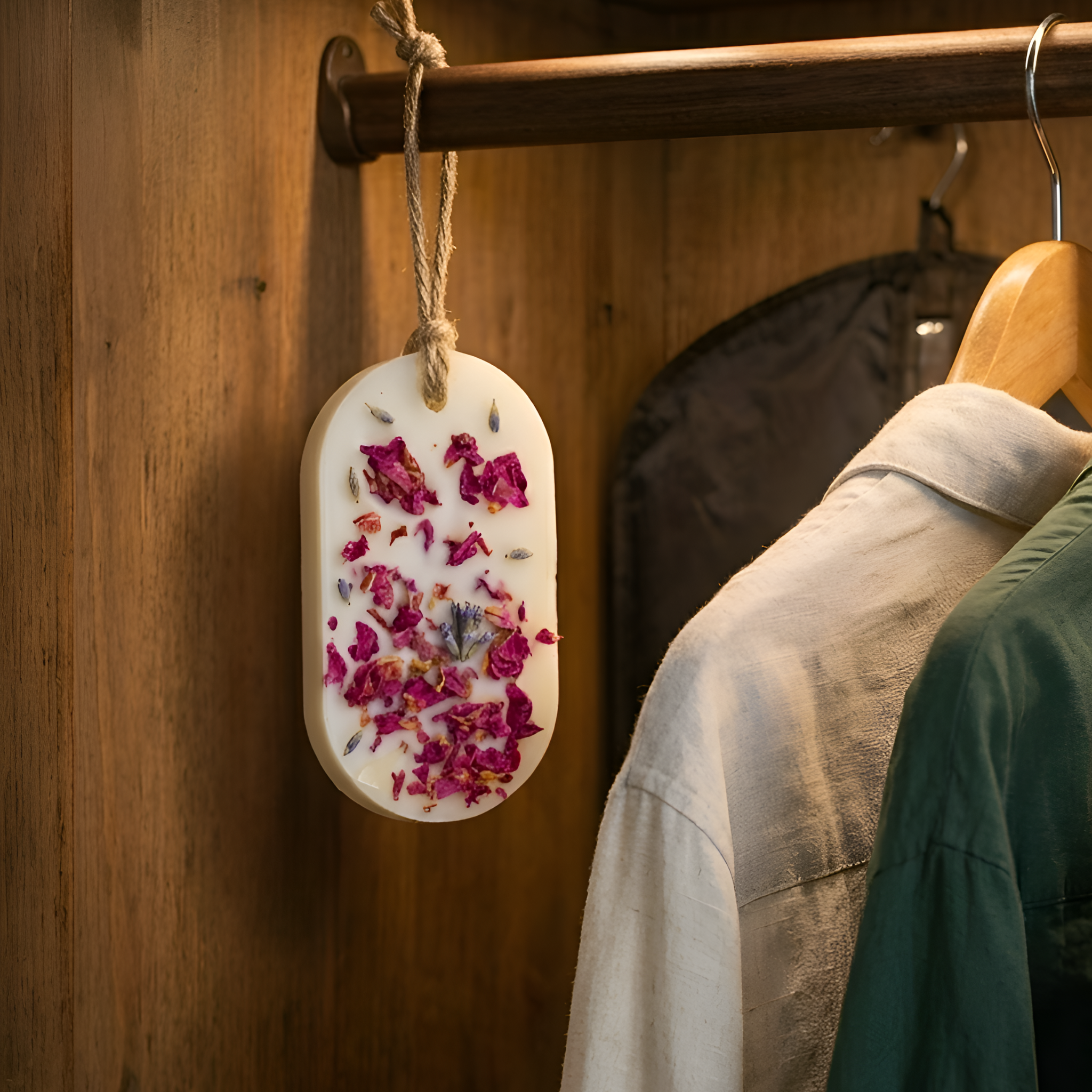 Scented wax sachet wax tablet with floral design on a wooden wall next to hanging clothes.