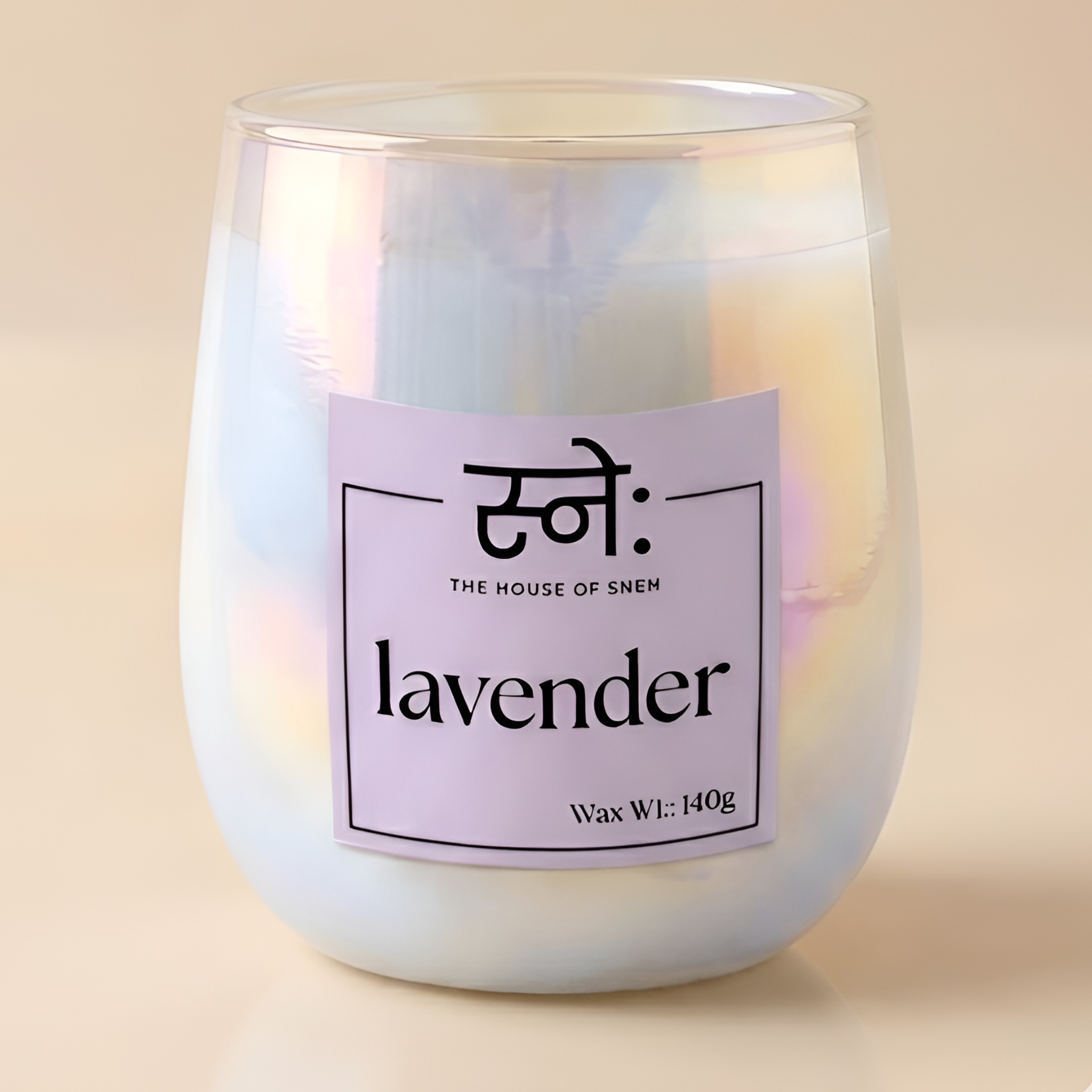 scented Candle with a label indicating 'lavender' fragrance on a beige background